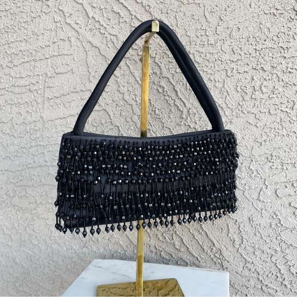 VINTAGE 90s Y2K Black Satin Beaded Fringe Handbag Formal Cocktail Evening Bag - Picture 12 of 12